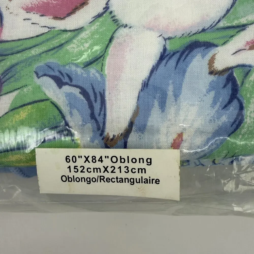Vtg 80s Bardwil Linens Spring Blossom Tablecloth 60x84 Blue Oblong Easter Bunny